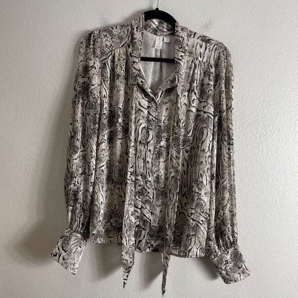 Joie Womens Large Snake Print Metallic Blouse Neck Tie Long Sleeve Shirt Top - Picture 7 of 11